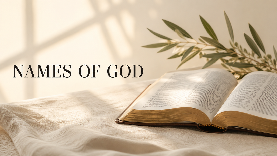 Open Bible beside olive branches with Names of God text in a warm neutral setting