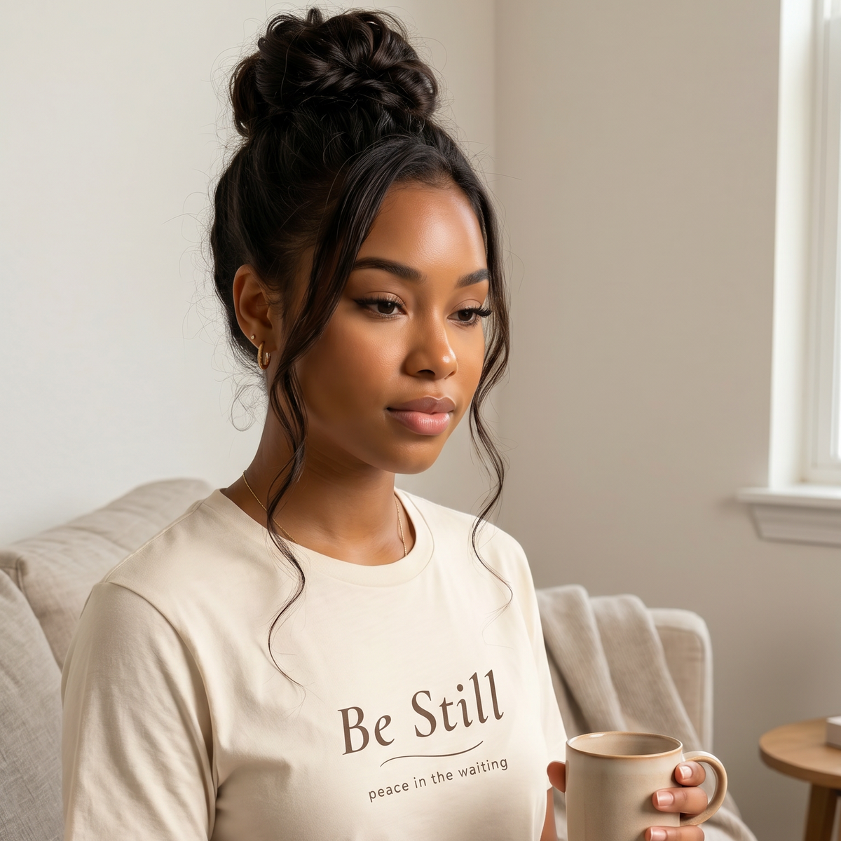 Woman wearing a cream “Be Still” Christian T-shirt while reading the Bible.