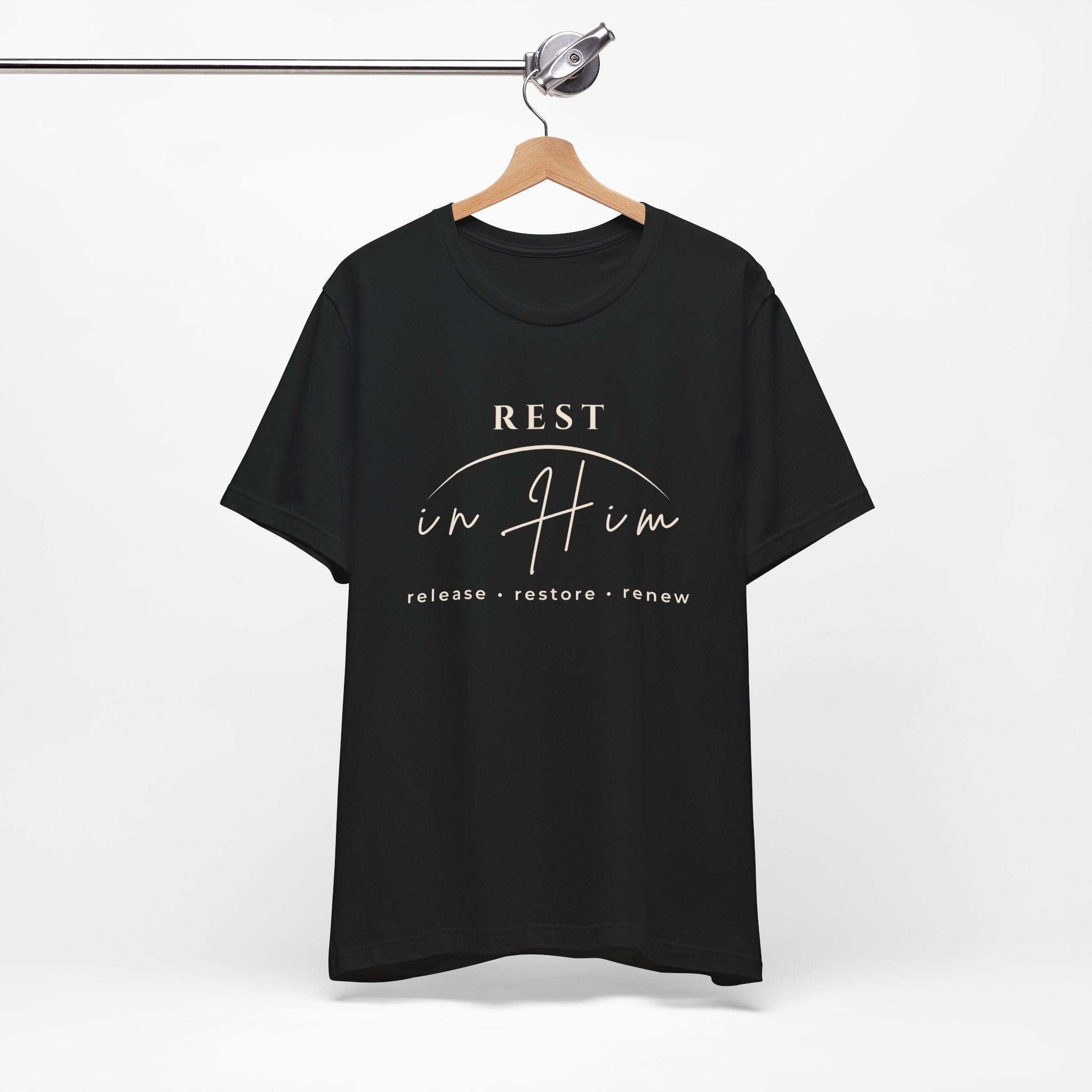 Rest in Him T-Shirt, Minimalist Inspirational Graphic Tee, Soft Unisex Shirt