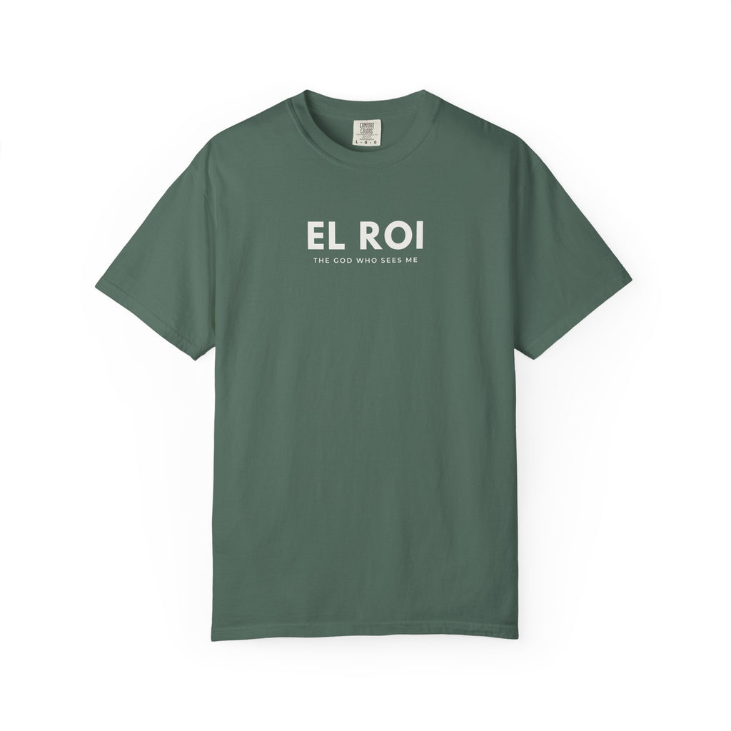 Blue spruce green El Roi Christian T-shirt with “The God Who Sees Me” design on a white background.