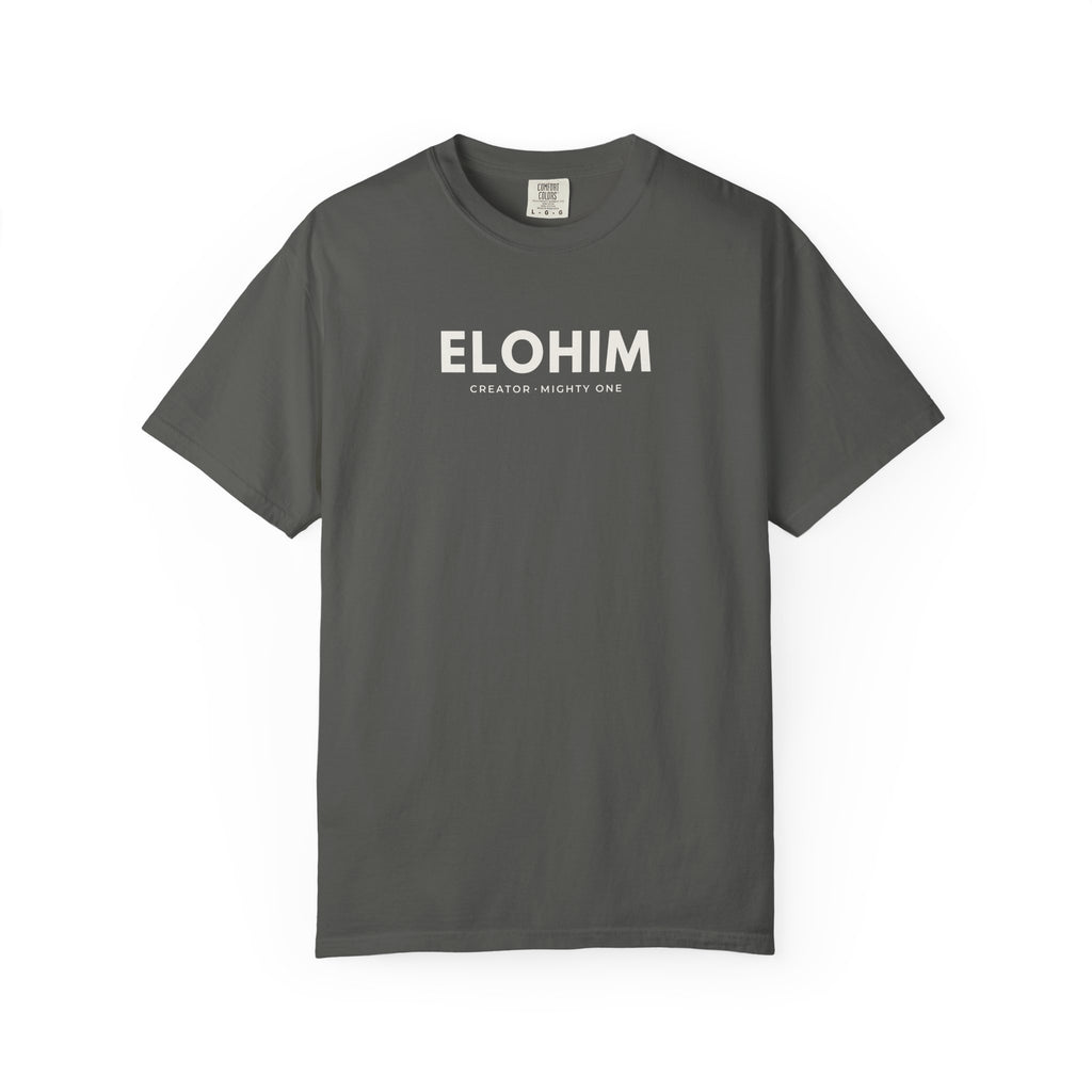 Pepper grey Elohim Christian T-shirt with “Creator · Mighty One” design on a white background.