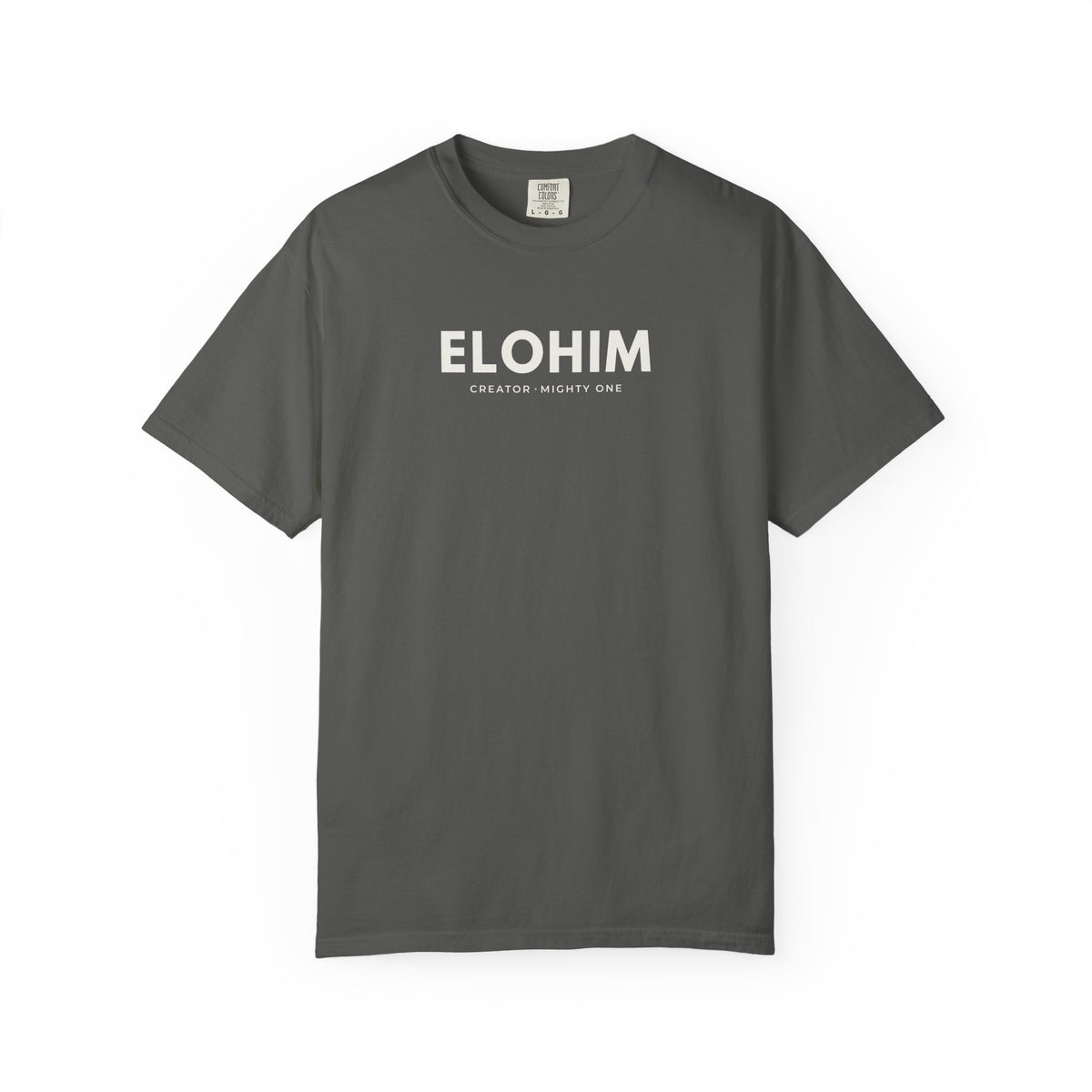 Pepper grey Elohim Christian T-shirt with “Creator · Mighty One” design on a white background.