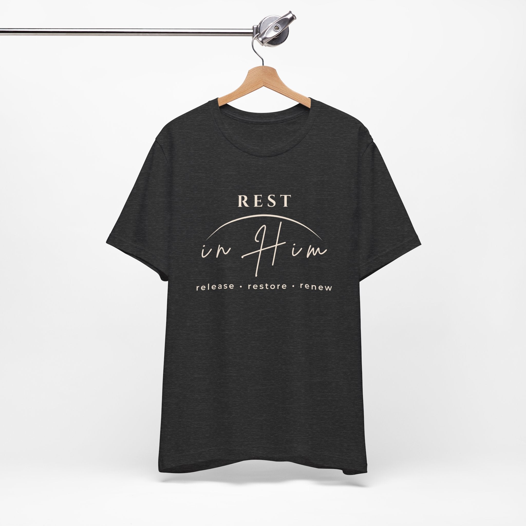 Rest in Him T-Shirt, Minimalist Inspirational Graphic Tee, Soft Unisex Shirt