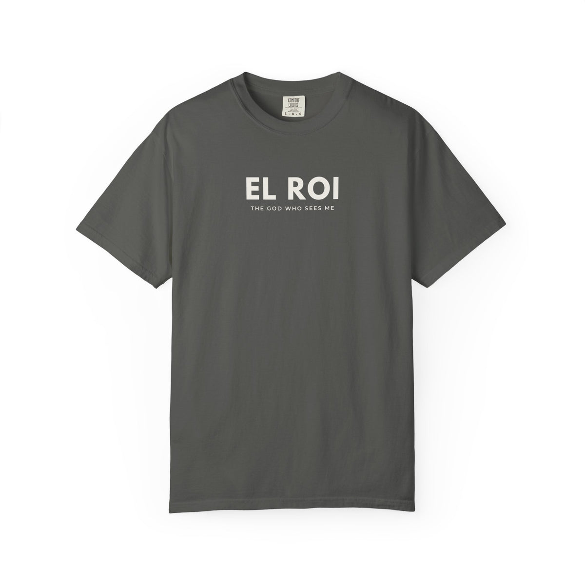 Pepper grey El Roi Christian T-shirt with “The God Who Sees Me” design on a white background.