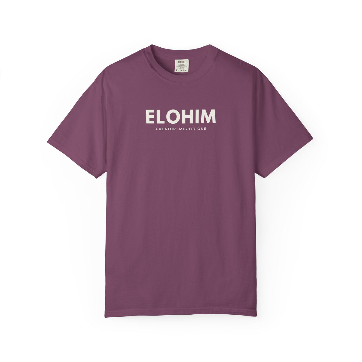 Berry purple Elohim Christian T-shirt with “Creator · Mighty One” design on a white background.
