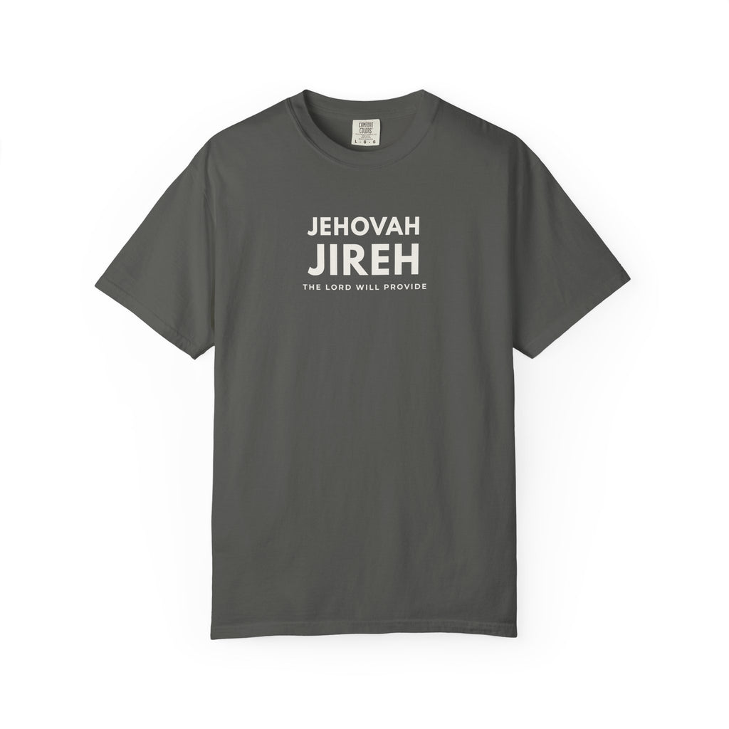 Pepper grey Jehovah Jireh Christian T-shirt with “The Lord Will Provide” design on a white background.