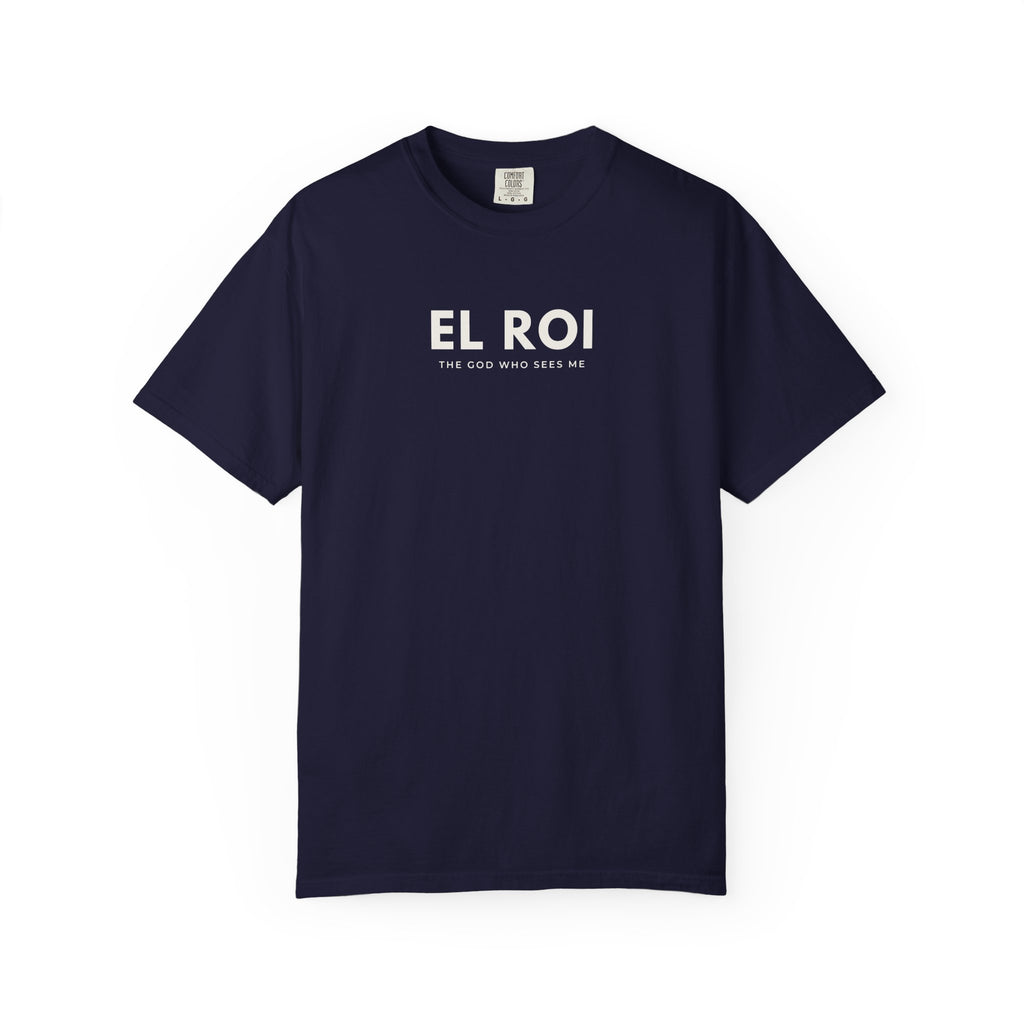 True Navy El Roi Christian T-shirt with “The God Who Sees Me” design on a white background.