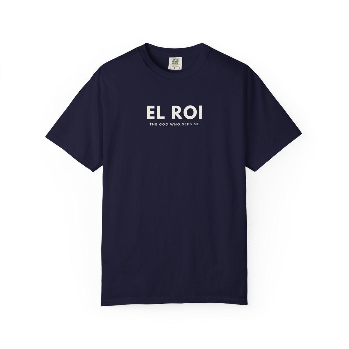 True Navy El Roi Christian T-shirt with “The God Who Sees Me” design on a white background.