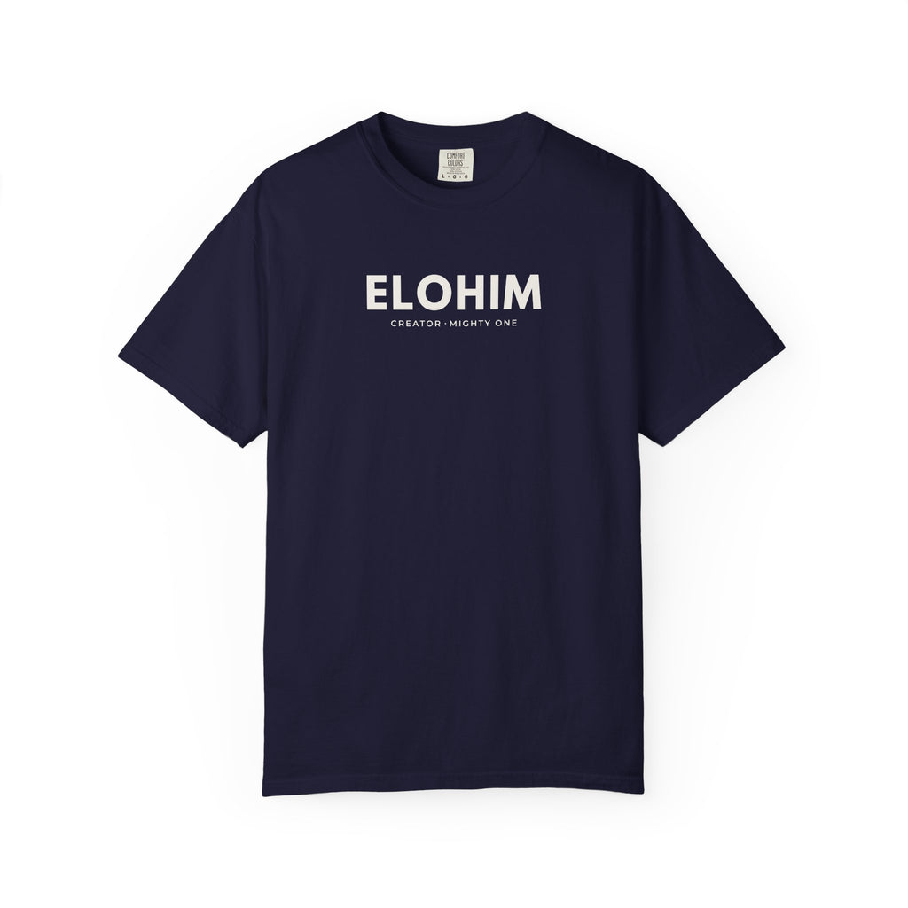 True navy Elohim Christian T-shirt with “Creator · Mighty One” design on a white background.