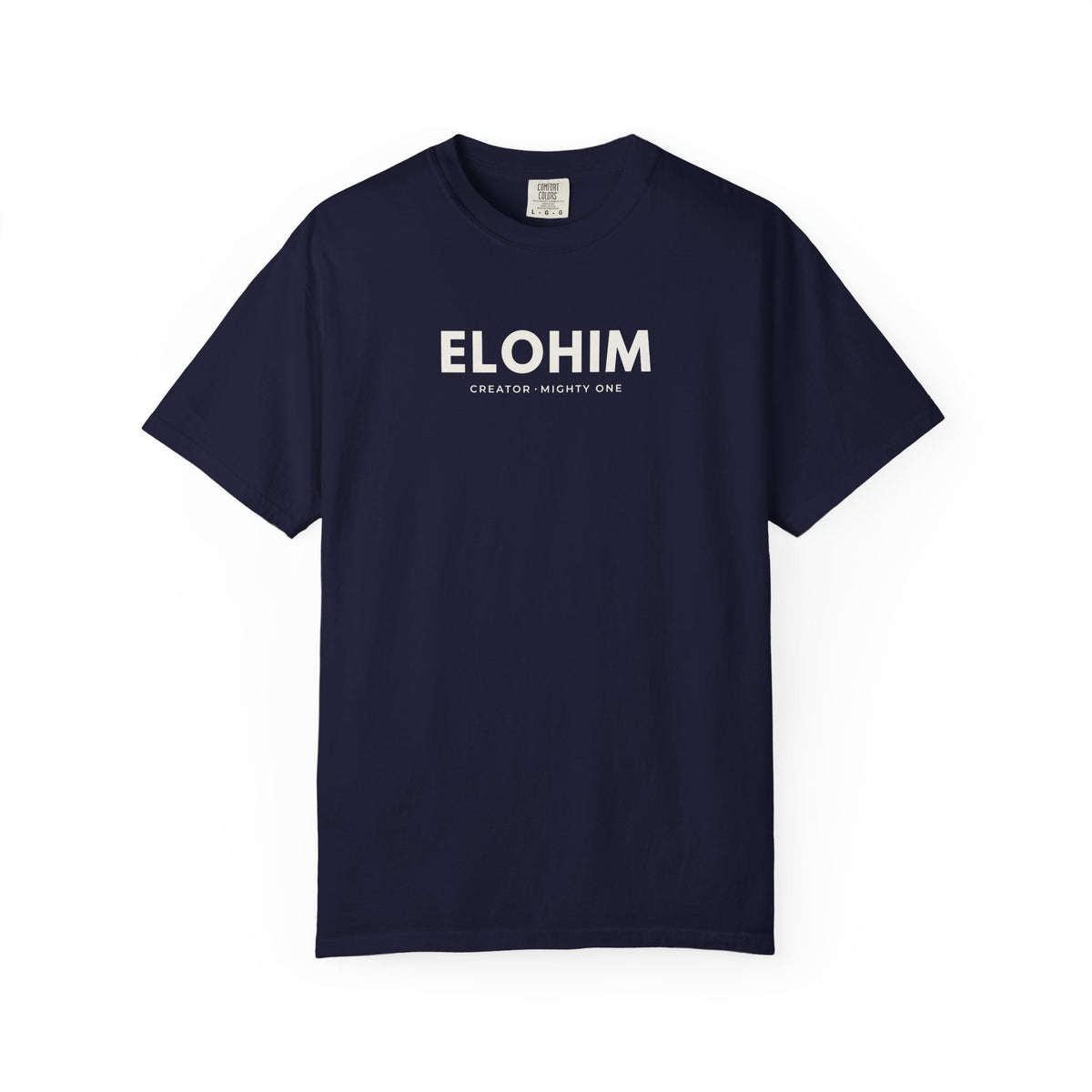 True navy Elohim Christian T-shirt with “Creator · Mighty One” design on a white background.