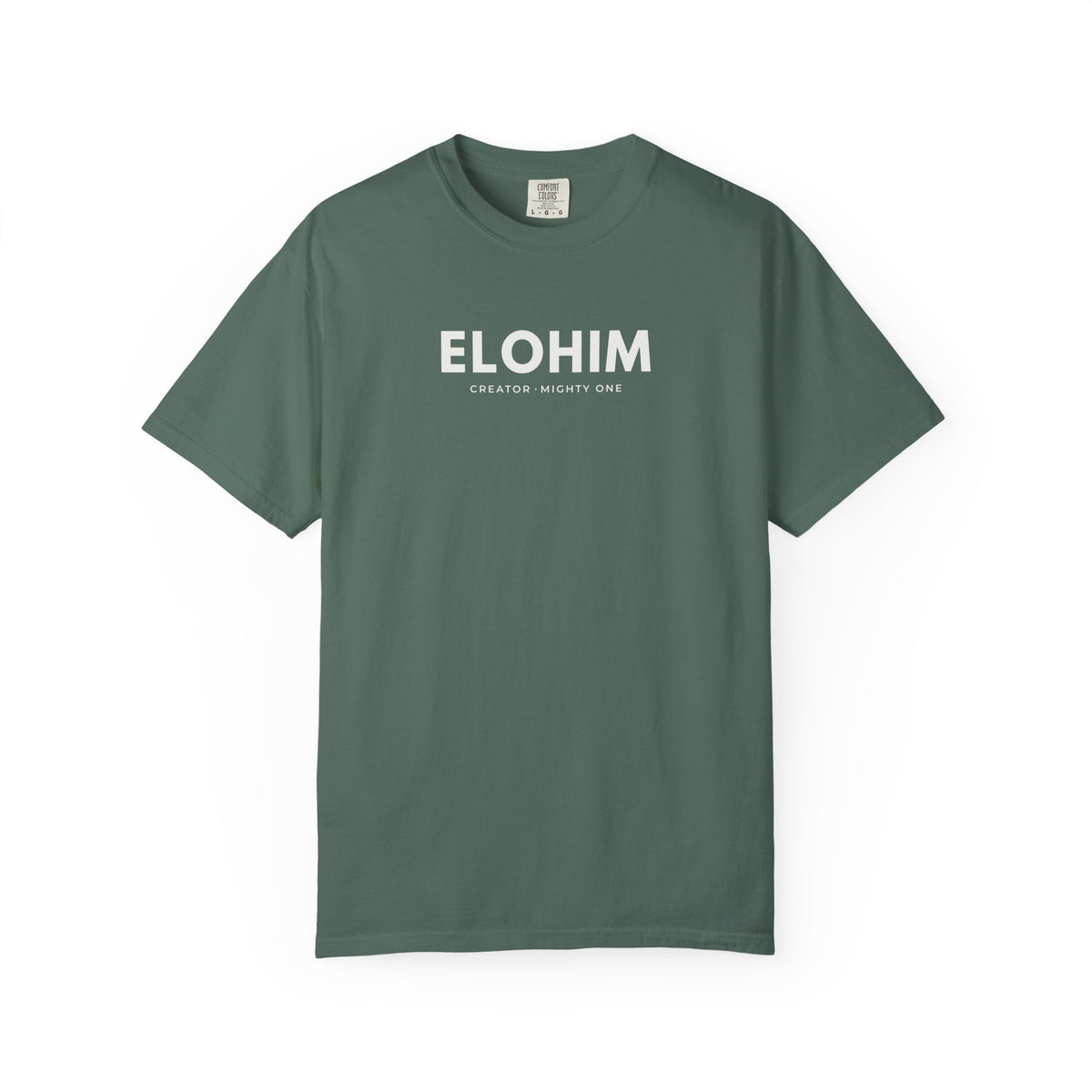 Blue spruce green Elohim Christian T-shirt with “Creator · Mighty One” design on a white background.