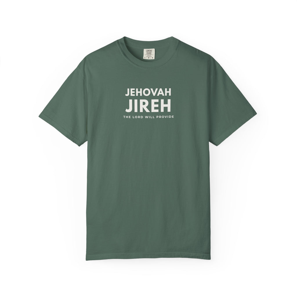 Green Jehovah Jireh Christian T-shirt with “The Lord Will Provide” design on a white background.