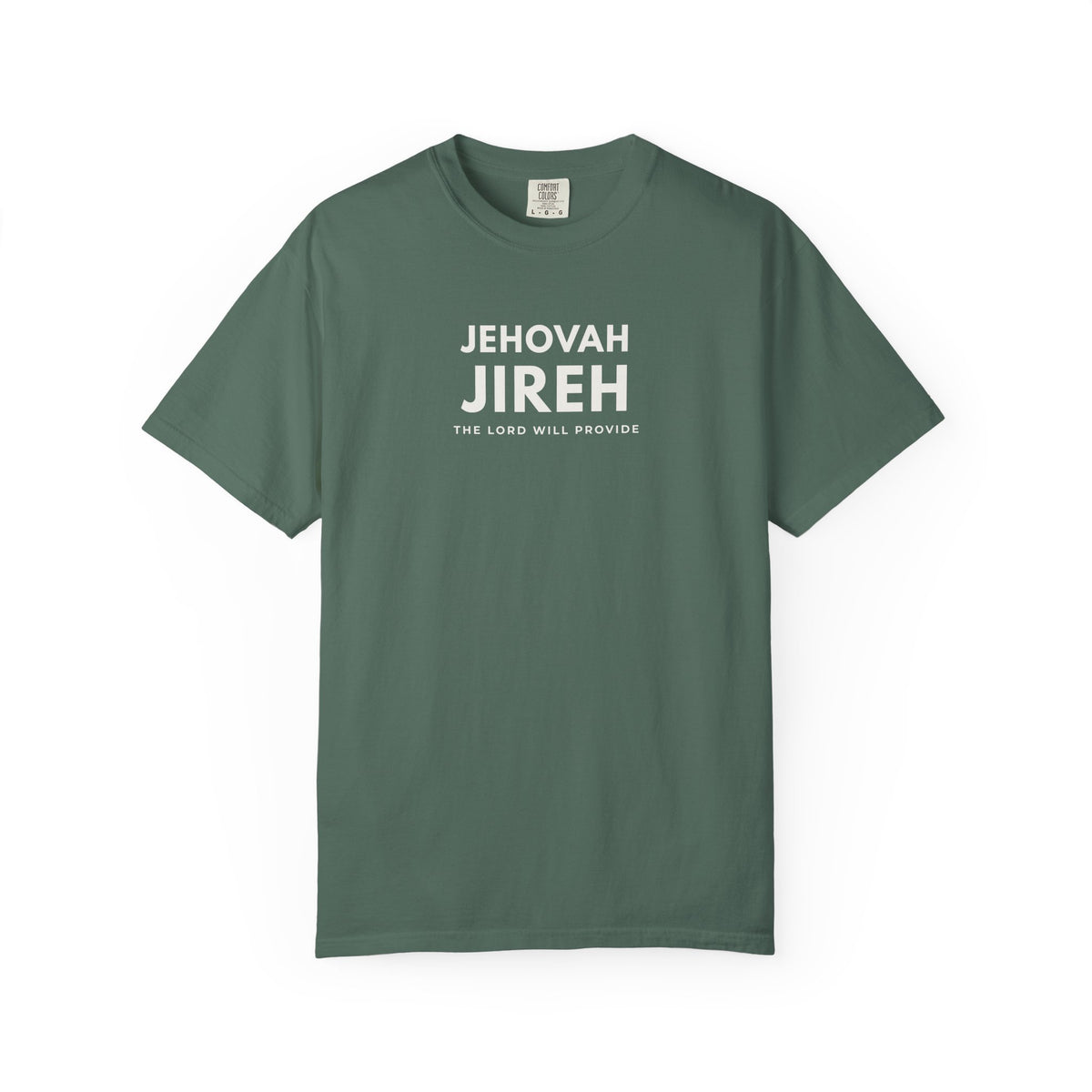Green Jehovah Jireh Christian T-shirt with “The Lord Will Provide” design on a white background.