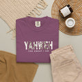 Berry purple Yahweh Christian T-shirt with “The Great I Am” small text, styled with beige jeans and neutral accessories.